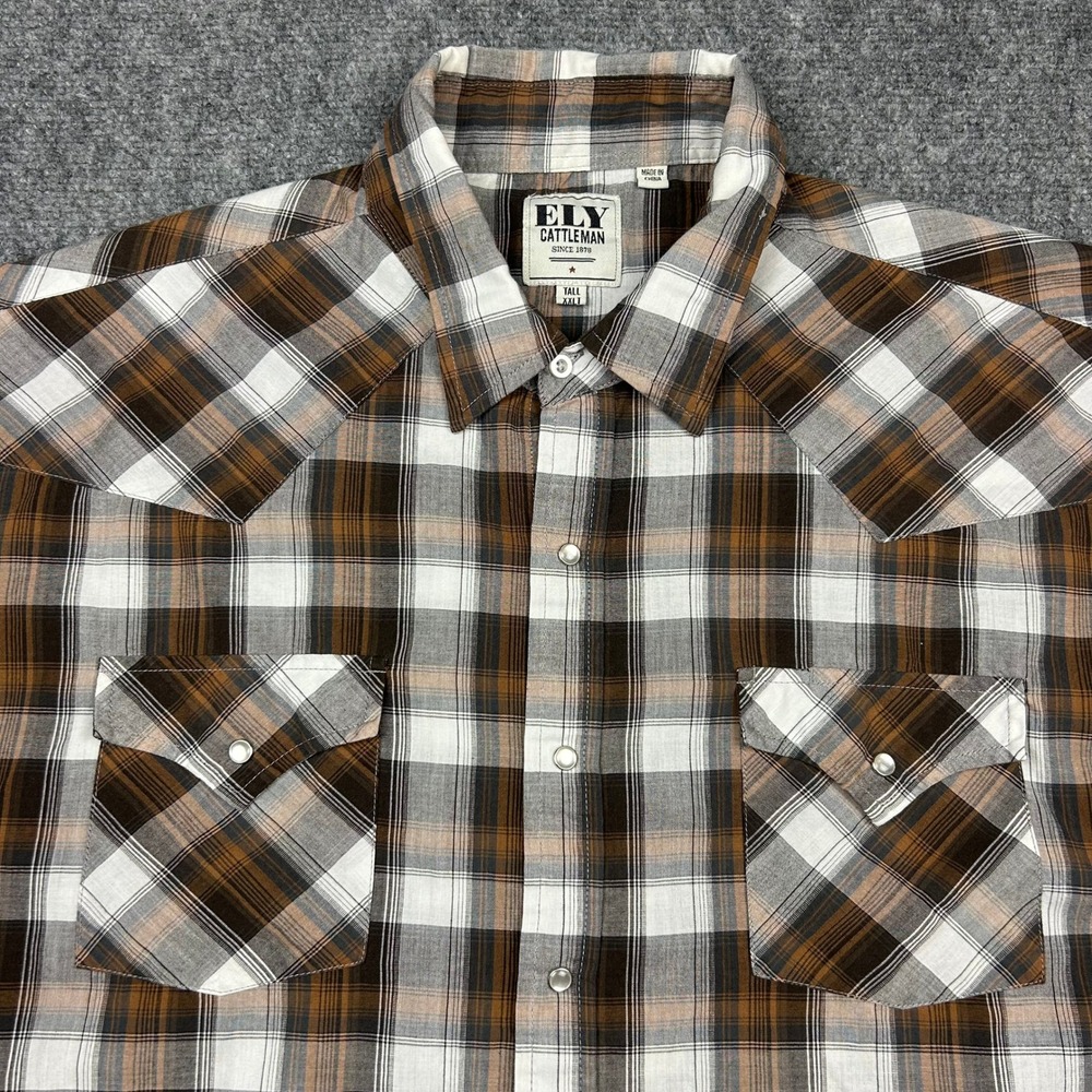 Ely Cattleman Western Shirt Mens XXL Tall Brown Plaid Pearl Snap Short Sleeve